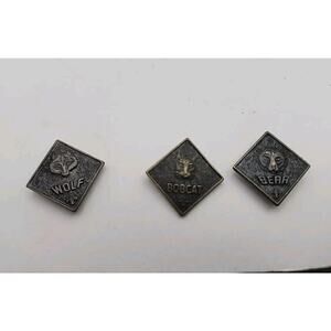 BSA Mixed Lot of 3 Cub Scout Rank Pins Bobcat, Bear, Wolf Vintage Square Shape